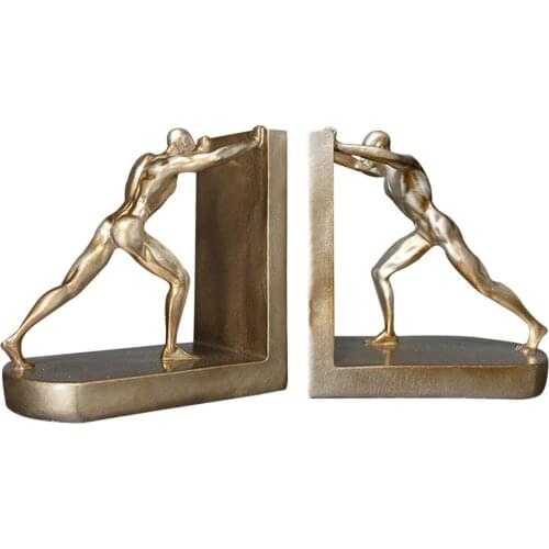 1 Pair Decorative Bookends for Book Shelf 3D Golden Man Pushing Book Support Book Stopper Ornaments Resin Craft for Home Cabinet