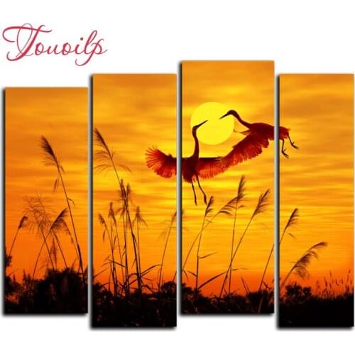 4pcs,Full,square&round Diamond Embroidery,5D,Sunset crane Diamond Painting,Cross Stitch,3D,Diamond Mosaic,diamond pattern,Crafts