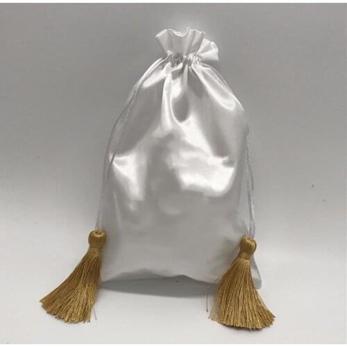 Satin Drawstring Bag Silk Cloth Pouch Jewelry/Package/Cosmetic/Gift/Wedding/Party/Wig/Hair Bundles Sachet Tassel Custom Logo 50p