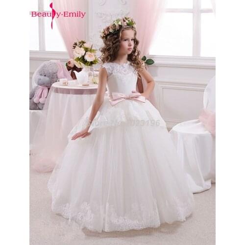 White Ivory Flower Girl Dresses Ball Gown Pink Belt Bow Lace Wedding Party Girl Prom Dresses
