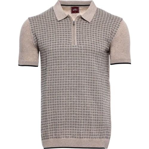 Beige Plaid Zippered Knitted Polo T-Shirt Wessi