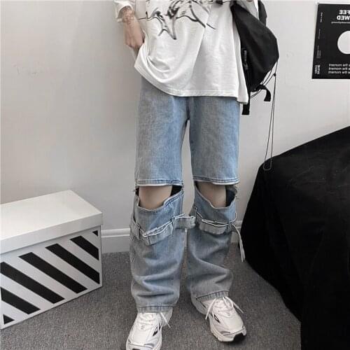 Summer Men And Women Denim Trousers Broken Vintage Detachable Wild Loose High Waist Straight Pants Personality Trend Jeans