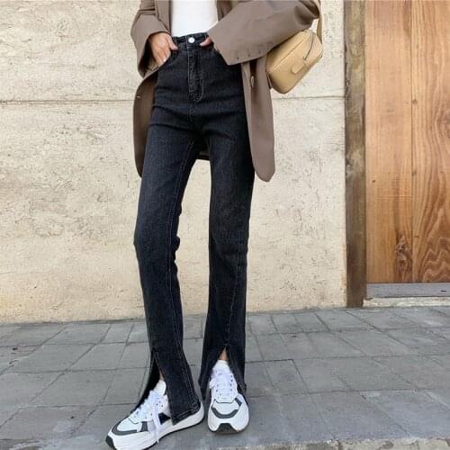Slim Front Slit Denim Straight Leg Trouser Women Vintage Streetwear New Tall Girl Jeans Casual High Waist Pants Female