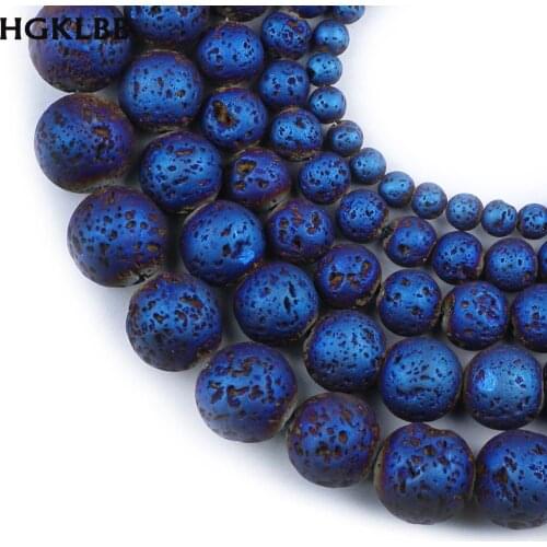 HGKLBB Natural Bule Plating Lava Stone 4/6/8/10/12mm Volcanic Rock Round Loose Beads for Jewelry Making DIY Bracelet Accessories