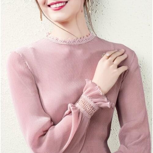 Kislady Vintage Elegant Women Bottom Shirt Hot 2020 Spring Lace Fairy Long Sleeve Tops Fashion Striped Round Neck Chiffon Blouse