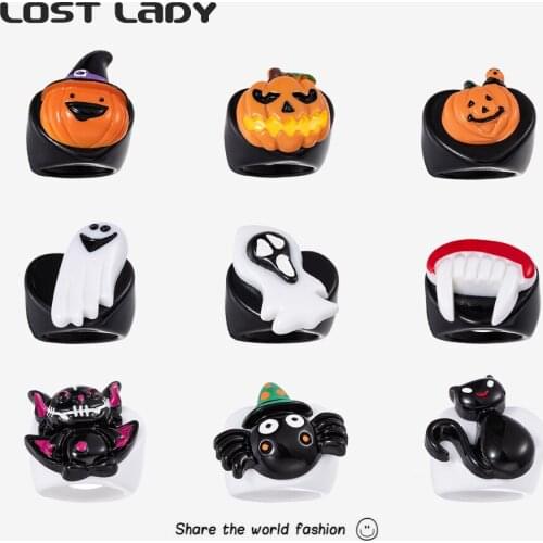 Lost Lady Halloween Party Ring Punk Skull Ghost Pumpkin Bat Black Acrylic Resin Rings For Men Women Finger Decorate Jewelry