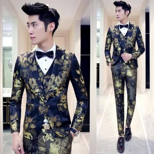 Suit+vest+pants) New Design Mens Stylish Royal Blue Green Red Floral Pattern Suits Stage Singer Wedding Groom Tuxedo Costume