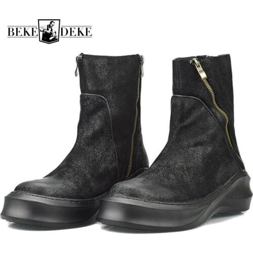 Top Brand Cow Genuine Leather Fashion Thick Platform Mens Boots Harajuku Zipper Round Toe Man Footwear Vintage Rock Shoes