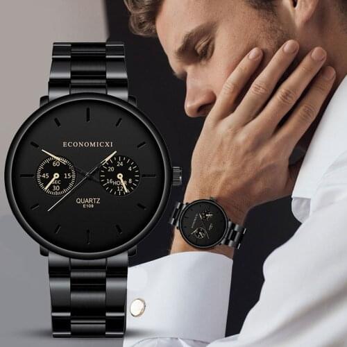 Men Black Watch 2021 Business Wrist Watch For Men Casual Stainless Steel Quartz Watches Faux Three-eyes Reloj Montre Homme Relog