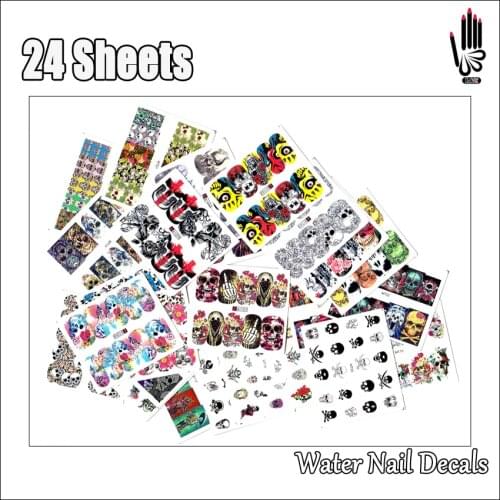 Nail 24Sheets/Lot Mix Full Cover Flower Skull Nail Art Water Sticker Decal For Nail Sticker Art Decoration 24A1101