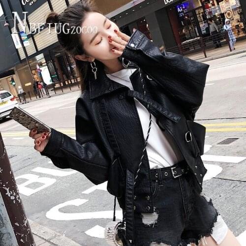 2020 Autumn New Korean Black Loose Women Pu Coat Short Style Long Sleeve Female Jacket