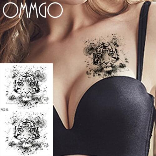 OMMGO Graffiti Triangle Tiger Temporary Tattoos For Women Men Tatoo Paper Body Art Waterproof Arm Neck Black Fake Tattoo Sticker