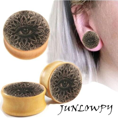 Pair of Wood Hand Made Ear Plugs Mandala Eye Logo Body Jewelry Piercing 6-16mm Organic Ear Gauges Flesh Tunnels