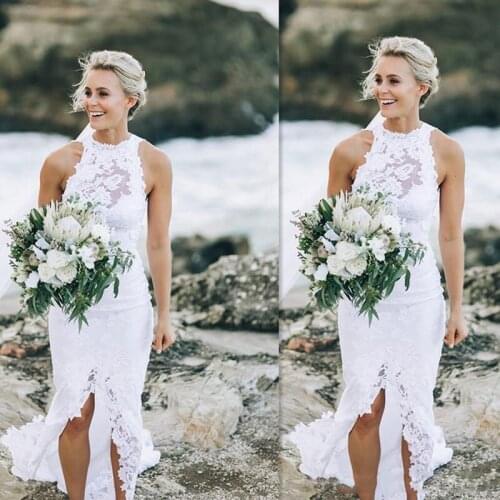 Sexy Backless Boho Beach Wedding Dresses 2019 White Lace Sleeveless Sweep Train Plus Size Bohemian Bridal Party Gowns Custom Mad
