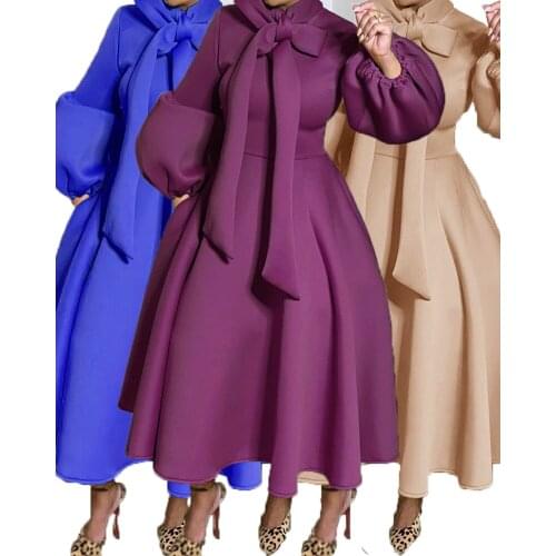 Plus Size Bow Long African Dresses For Women Casual Dashiki Lantern Sleeve Robe African Dress Africa Clothes Evening Party Dress