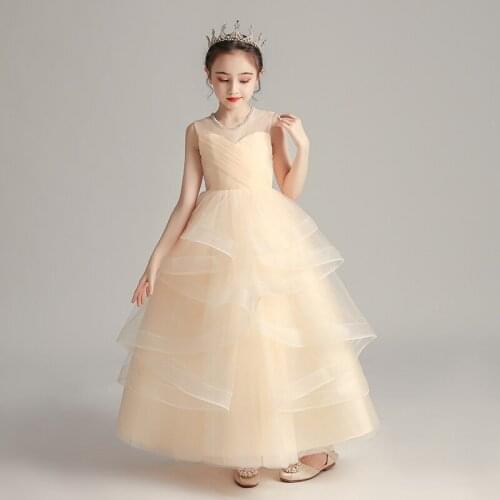 Flower Girl Dresses Luxury Sleeveless Lace Illusion Champagne Beading Princess Floor-Length Tulle O-Neck Kids Party Gown H211