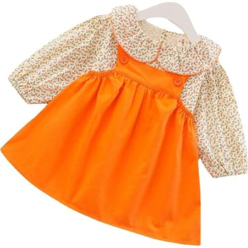 New Spring Autumn Baby Girls Korean Version Floral Shirt Top+Strap Dresses Newborn Kids Clothes Infant 2pcs Dress Set