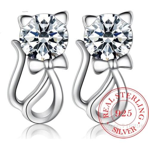 925 Sterling Silver White CZ Zircon Kitty Cat Gato Cute Stud Earring For Women Children Girls Kids Jewellery Gift brinco pequeno