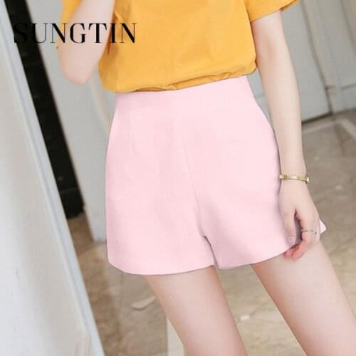 Sungtin Casual High Waist Pink Wide Leg Shorts Women Simple Solid Office Lady Short Pants 5 Colors Summer Chic Plus Size Shorts