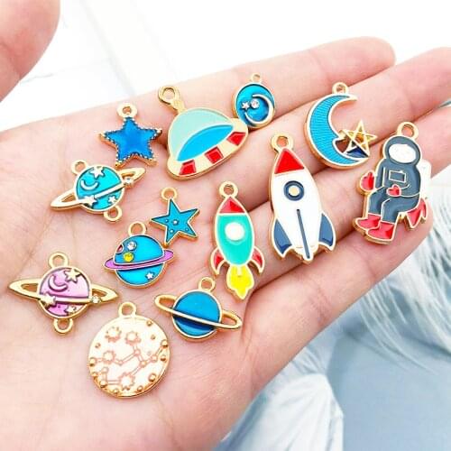 Mix 10Pcs/Pack Classic Space Universe Earth Moon Star Enamel Charms Gold Color Pendants DIY Jewelry Making Handmade Craft