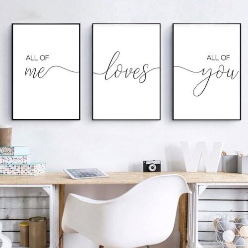 Modern Black White All of Me Loves All of You Poster Print Love Quotes Canvas Painting Nursery Wall Pictures Bedroom Decor YX116