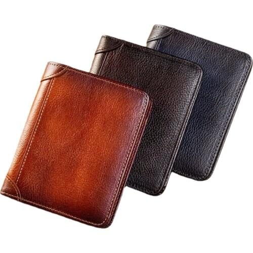 Mens Wallet Vertical Genuine Leather Purse 3 Fold Business Card Holder RFID Blocking Anti Theft Credit Card Wallet Men