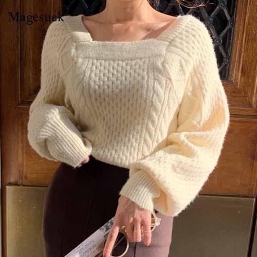 Vintage Winter Sweater Women New Fashion Square Collar Twist Solid Loose Sweater Vest Women Pullover Women Knitted Sweater 11121