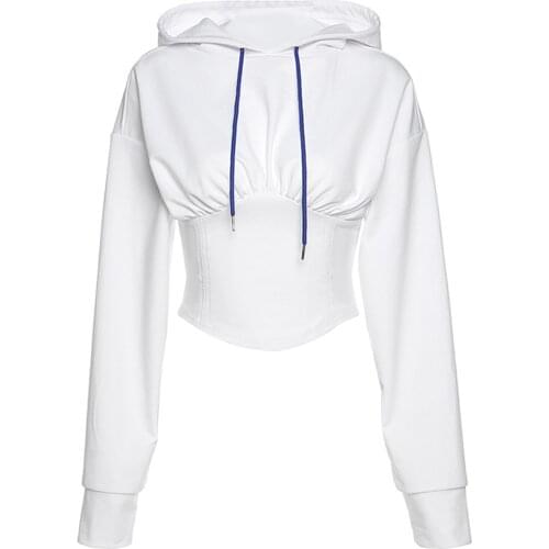Womans Fashionable Sexy Solid Color Casual Hoodie with Drawstring, Long Sleeve Lace-up Slinky Short Top, Daily Life