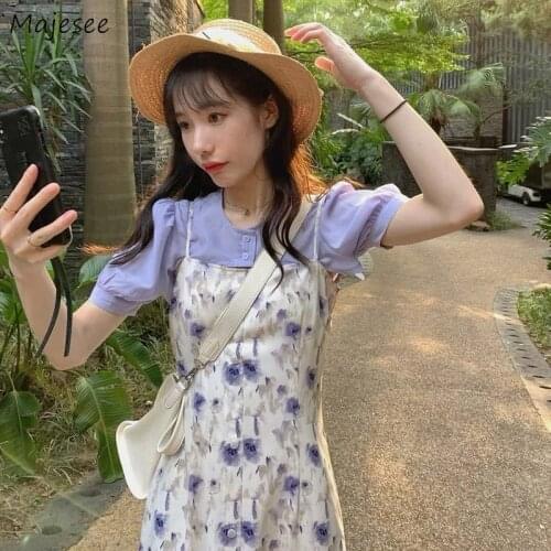 Dress Sets Women Summer Fashion Elegant Floral Printing Korean Style All-match Holiday Streetwear Leisure Female Loose Side-slit