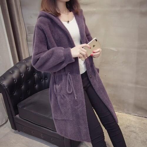 Women 2020 New Autumn Winter Imitation Mink Cashmere Knitted Cardigans Loose Casual Korean Female Hooded Sweater Outerwear M399