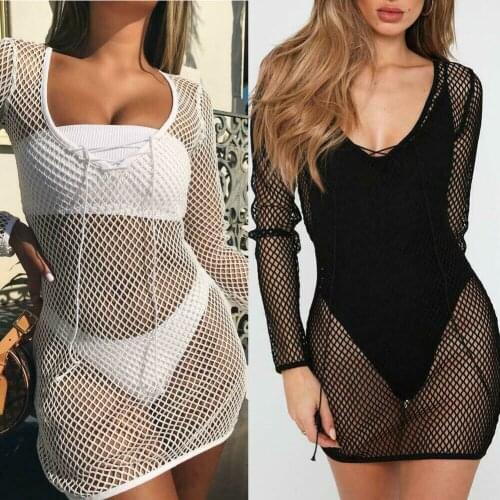 Summer Sexy Women Beachwear Cover-Ups Fish Net Hollow Out Swimwear Bikini Beach Wear Cover Up Ladies Slim Dresses Long Sleeve