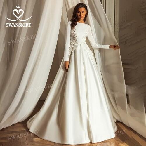 Long Sleeve Appliqued Wedding Dress 2021 Beaded A-Line Court Train Satin Vestido De Novia Princess Swanskirt L153 Bridal Gown