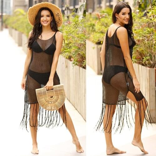 2021 Summer New Style Womens Sexy Hollow Knit Shirt Long Tassel Stitching Beach Suspender Dress
