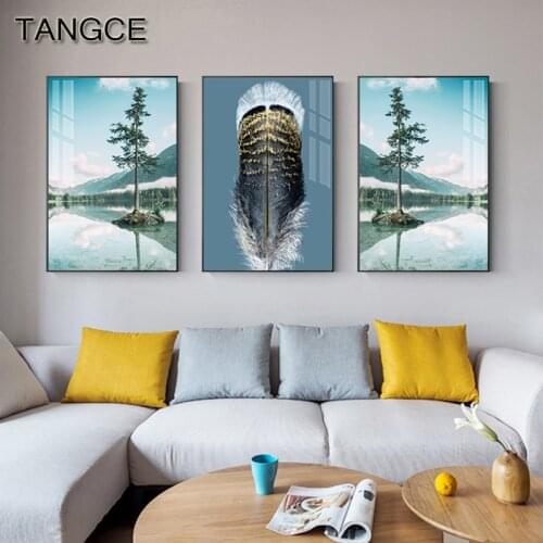 Abstract Green Lake Painting Indian Feather Posters n Prints Modern Canvas Art for Living Room Nordic Mint Green Wall Art Decor