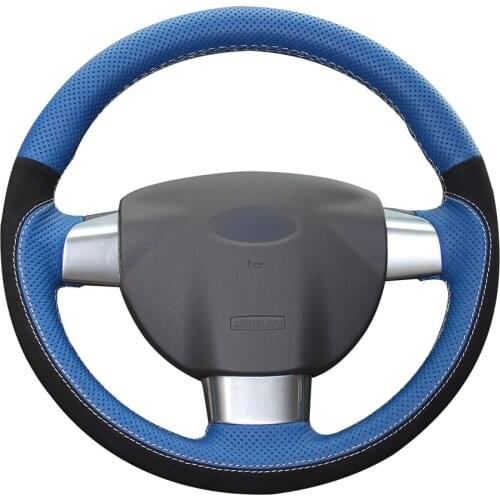 Black Suede Blue Natural Leather Car Steering Wheel Cover for Ford Focus 2 2005-2011 (3-Spoke)