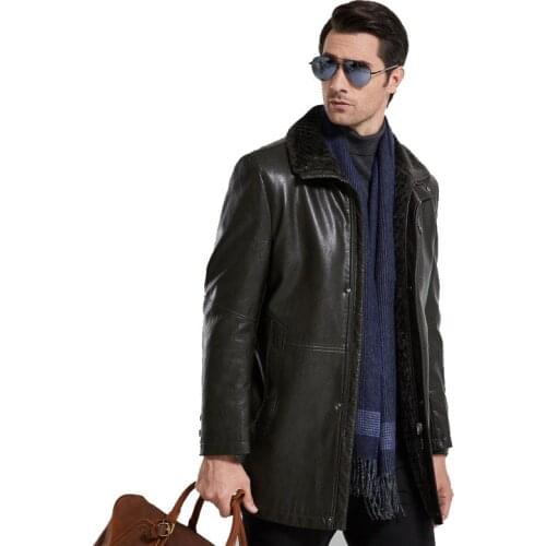 Color: Black Green Winter New Middle Age Mens Leather Jacket Mens Lapel Fur One Medium Long Fur Coat More Sizes M-4XL