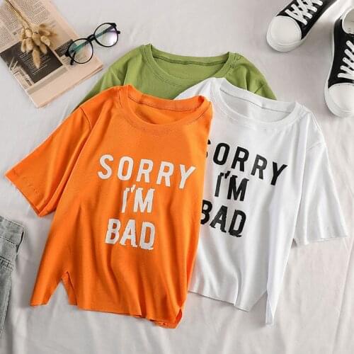 Harajuku Cartoon T Shirt Women Letter “I'M BAD ”T-shirt Simple Short Tshirt Streetwear Top Tees Female Summer Cloth T-shirts