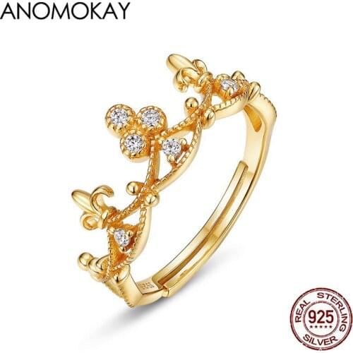 Anomokay Trendy Gold Color Plum Crown Rings for Lovers Mom Girl Gift Genuine 925 Sterling Silver Adjustable Ring Fine Jewelry