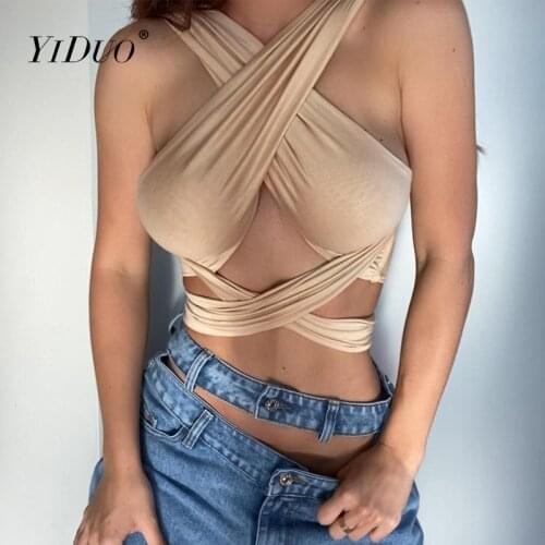 YiDuo 2021 Sleeveless Solid Bandage Halter Hollow Out Sexy Tank Top Summer Women Fashion Crop Top Streetwear Purple White