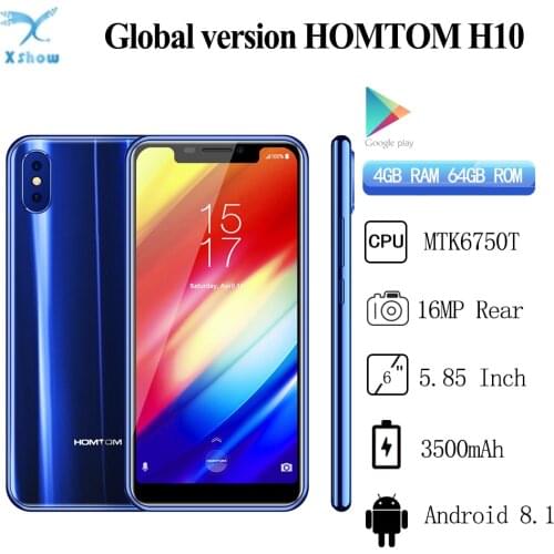 HOMTOM H10 Android 8.1 Mobile Phone Octa Core 4GB RAM 64GB ROM 3500mAh 16MP+2MP Rear Camera Side Fingerprint SmartPhone