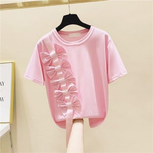 Fashion Design Bow Patchwork Women T-Shirts Summer New 2021 Solid Pink Casual All Match Elegant Office Lady Pulls Tops Tees
