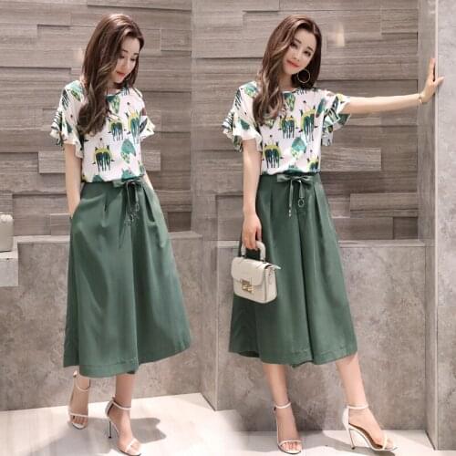 Two-piece large size fashion suit Korean version of the summer new casual womens printed shirt + wide leg cropped pants suit