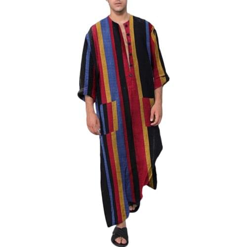 Men Islamic Arabic Muslim Robe Long Sleeve O Neck Patchwork Stripe Clothing Fashion Middle East Mens Vintage Robes Pockets S-5XL