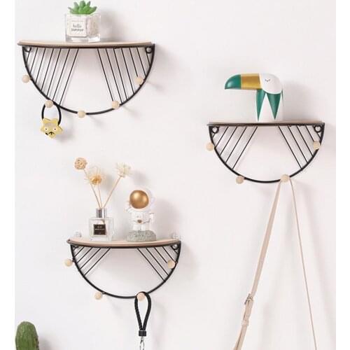 Wall Mount Iron Wood Rack Nordic Semicircle Storage Shelves With Hook Potted Ornament Holder Home Wall Decor Shelf