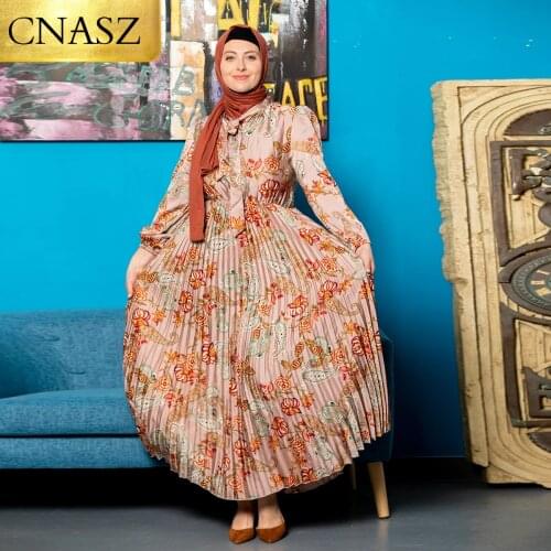 2021 New Elegant Silky Satin Long Sleeve Dress Print Pleated Maxi Satin Dresses Wrap Waist Fashion Women Musulman Ensembles