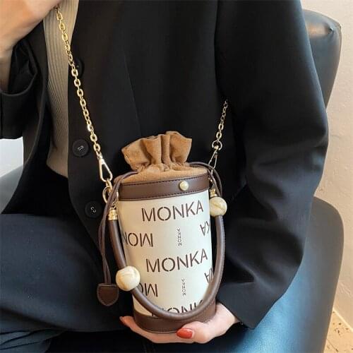 2021 New Cylinder Bags for Women Letter Printing Leather Shoulder Bag Woman Chain Individuality Creativity Fashion Crossbody Bag