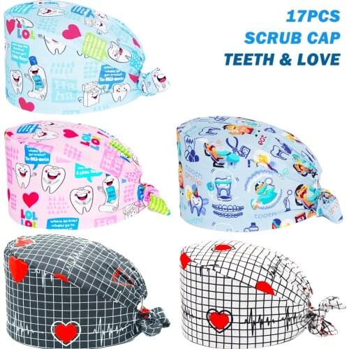 Wholesale Scrubs Hat Cotton Teeth Printing Adjustable Nursing Caps Beauty Salon Pet Shop Working Accessories Scrub Cap Women