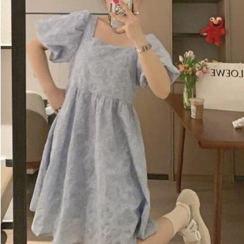 Summer Blue Print Floral Dress Women Korean Designer High Waist Kawaii Sweet Dress Outing Puff Sleeve Elegant Birthday Dress