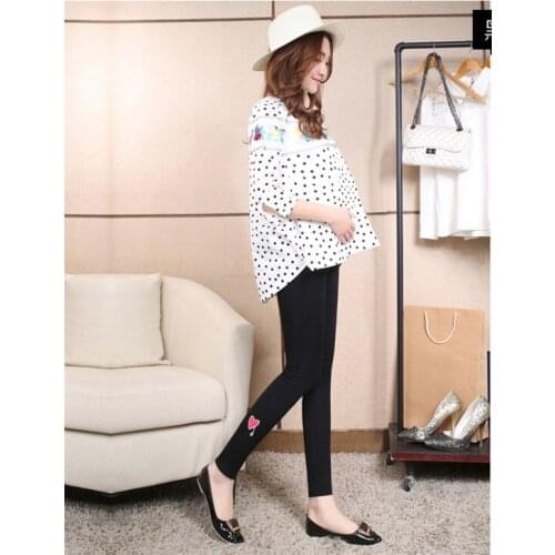 Casual Maternity Pants Fashion Cute Print Black Pregnant Women Trousers Spring Summer High Elastic Pencil Pants Skinny Leggings