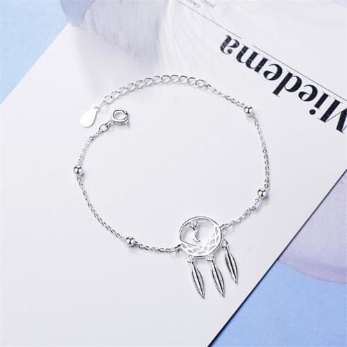 Retro Hollow Pattern Flower 925 Sterling Silver Jewelry Simple Moon Feather Shaped Ball Personality Bracelets SB153